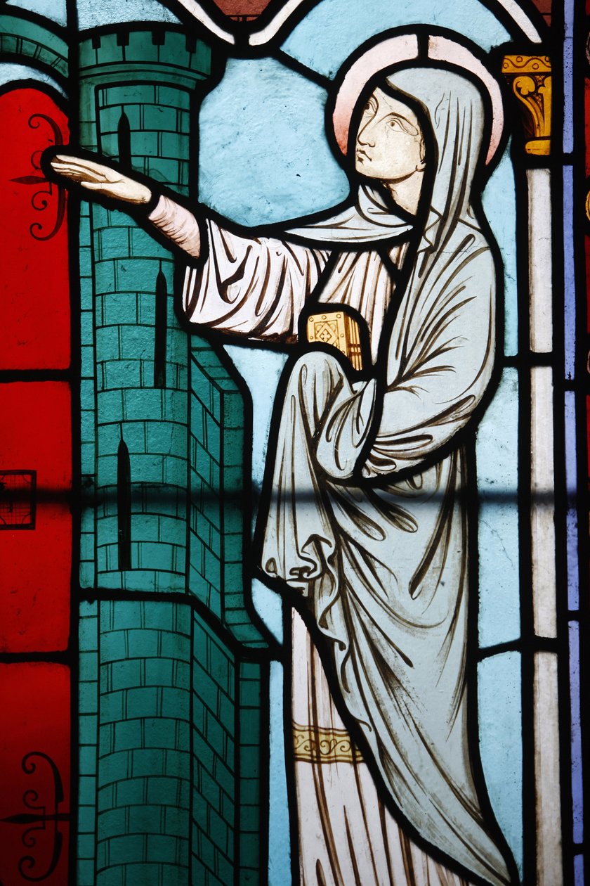 Målat glas i Notre Dame katedral kloster: berättelsen om Sainte Genevieve, skyddshelgon för Paris, Paris, Frankrike av Unbekannt
