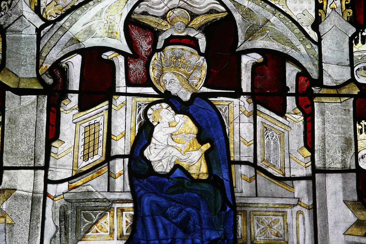 Fönster i målat glas på Collegiale Notre-Dame des Marais: Jungfru och barn Villefranche-sur-Saone Frankrike av Unbekannt