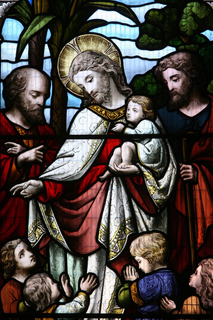 Målat glasfönster som visar Jesus välkomnande barn, Billingshurst, Grande Bretagne av Unbekannt