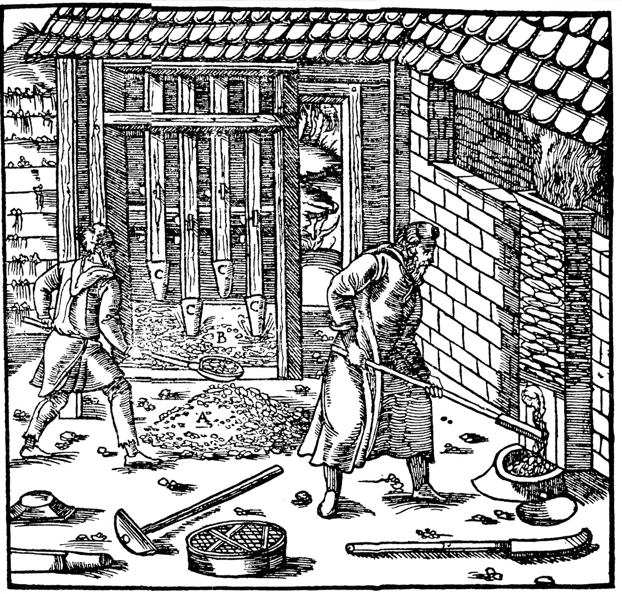 Stämpling och rostning av malm för att utvinna metall, 1556 av Unbekannt