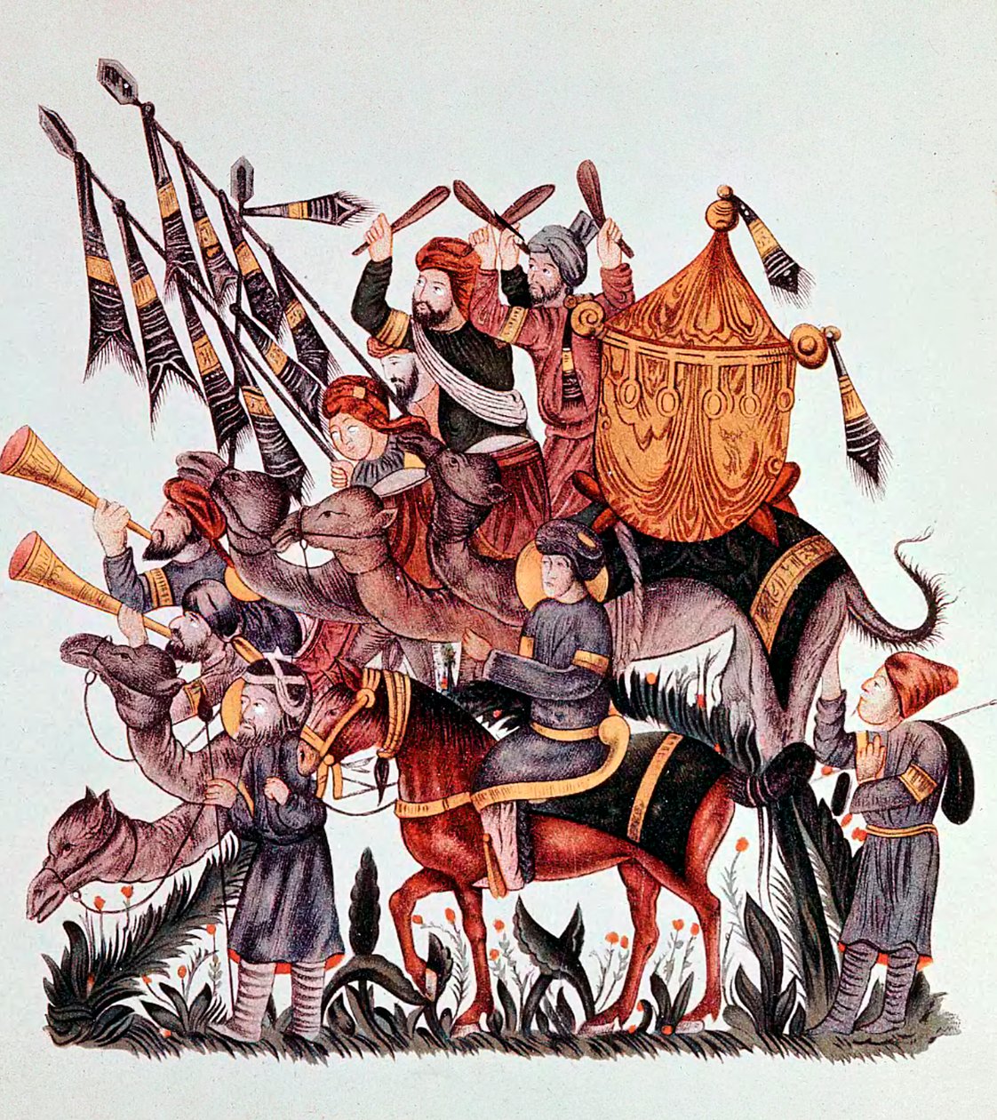 Fanbärare, trummisar och trumpetare av en saracensk armé, 1200-talet av Unbekannt