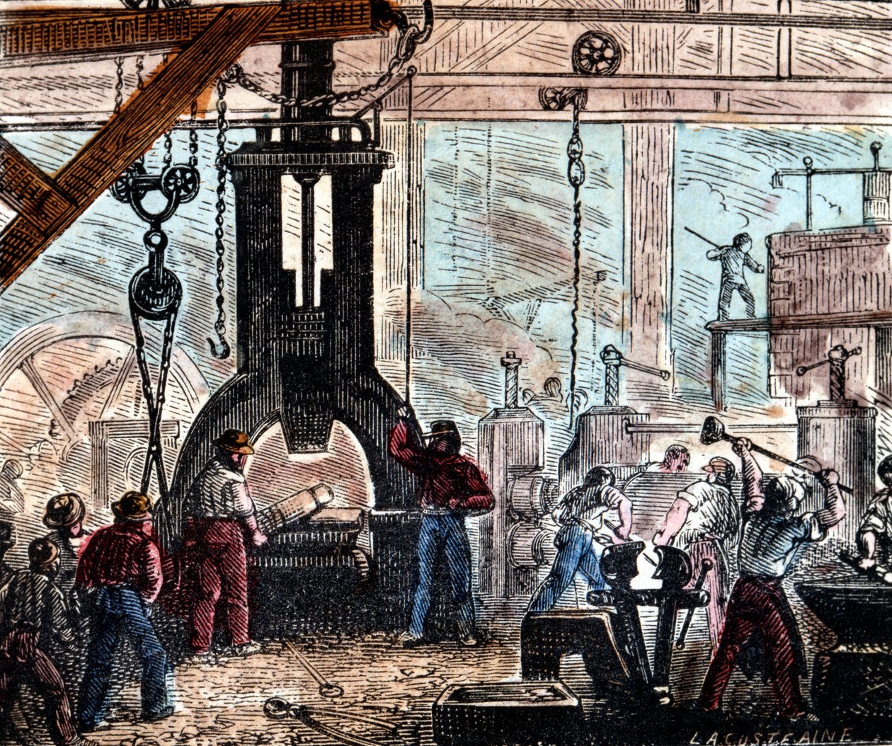 Ånghammare som används i ett järnbruk, Frankrike, 1867 av Unbekannt
