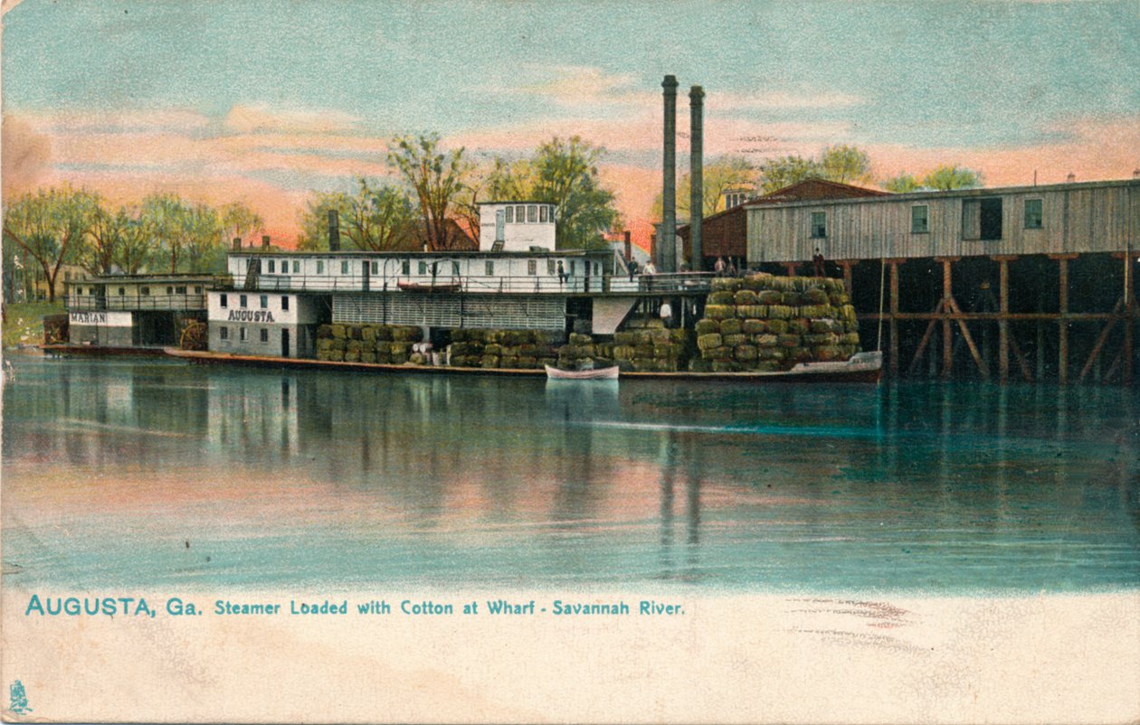Ångbåt lastad med bomull vid en kaj, Savannah River, Augusta, Georgia, 1908 av Unbekannt