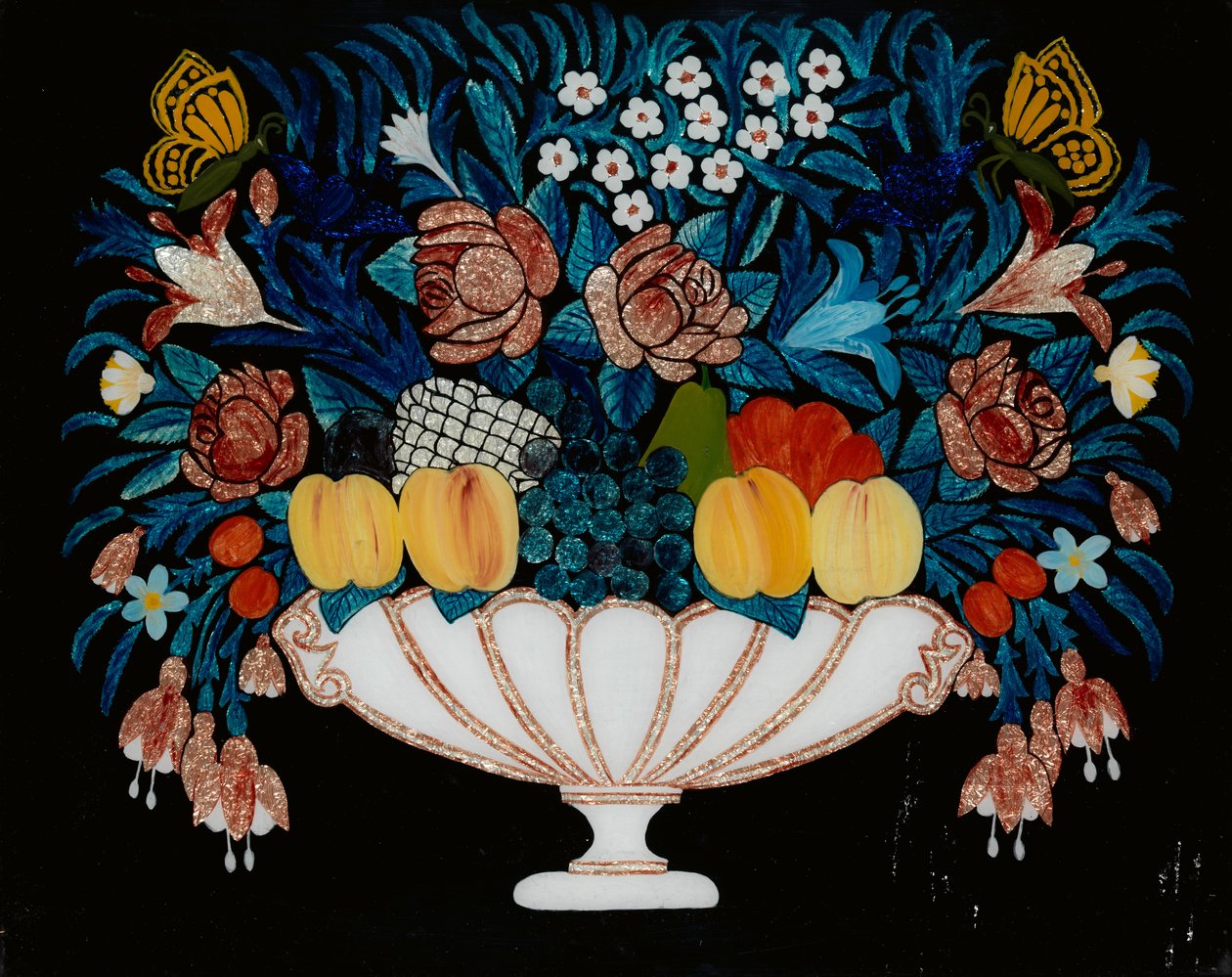 Stilleben - blommor och frukt i vit och rosa skål, 1840-60. av Unbekannt
