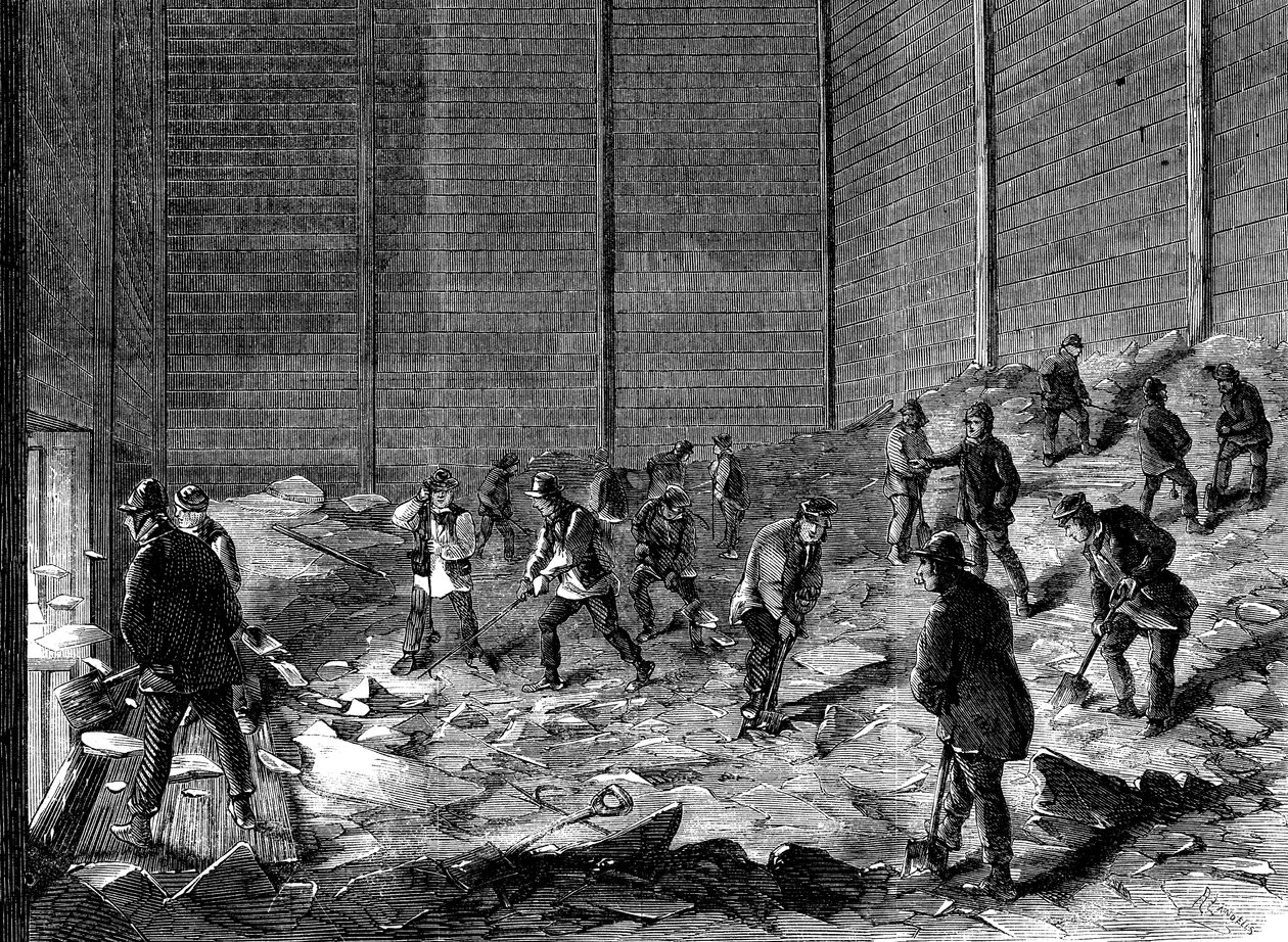 Lagring av is i isolerade skjul på Charless Ice Store, Chelsea, London, 1861 av Unbekannt