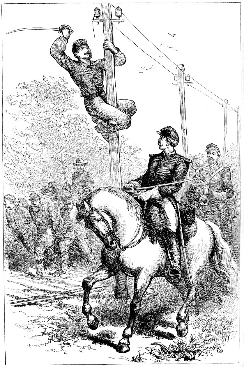 Stuarts kavalleri skär telegraftrådar, amerikanska inbördeskriget, c1861-1864 c1880 av Unbekannt