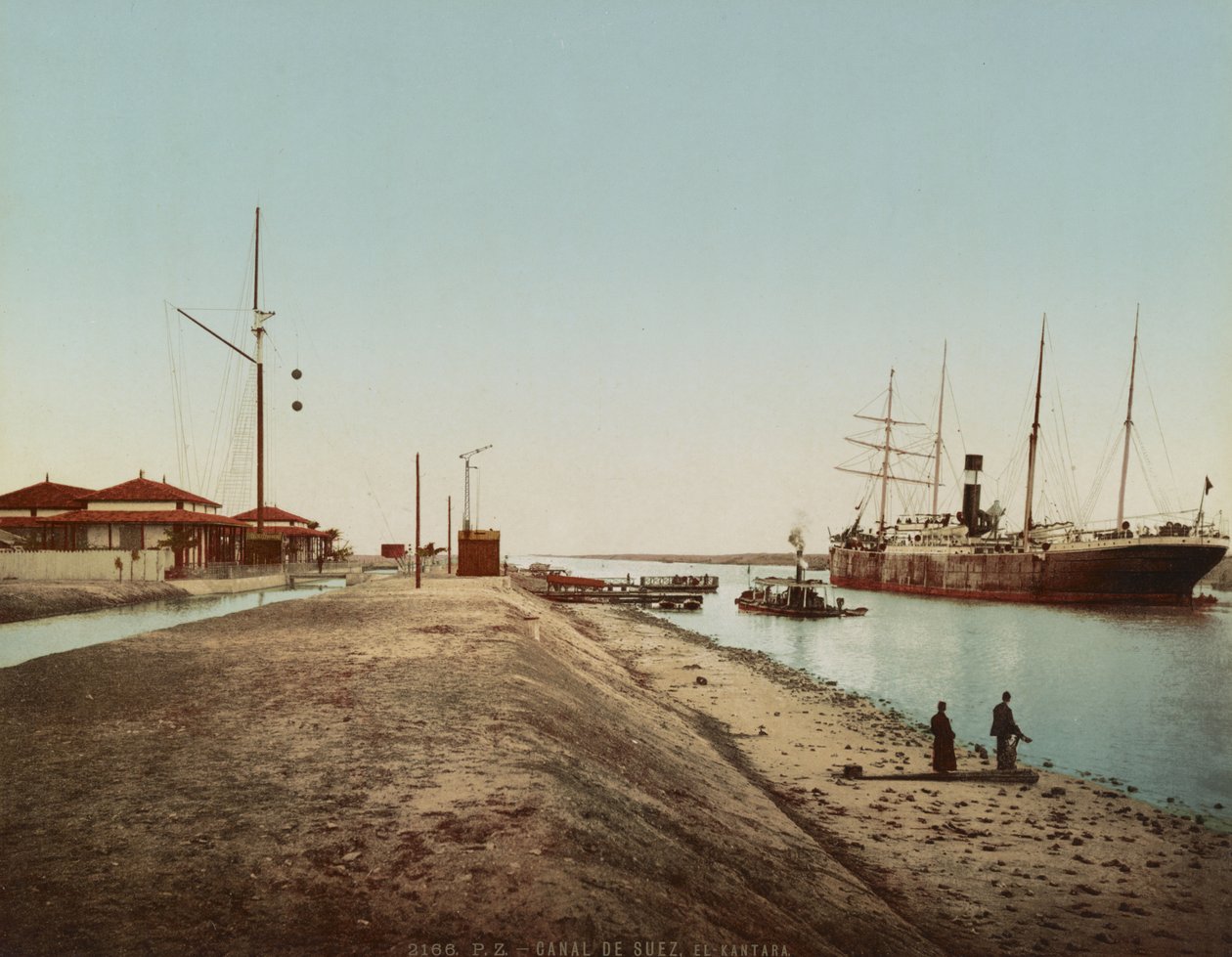 Suezkanalen vid El Qantara, ca 1900 (färgfotokrom) av Unbekannt