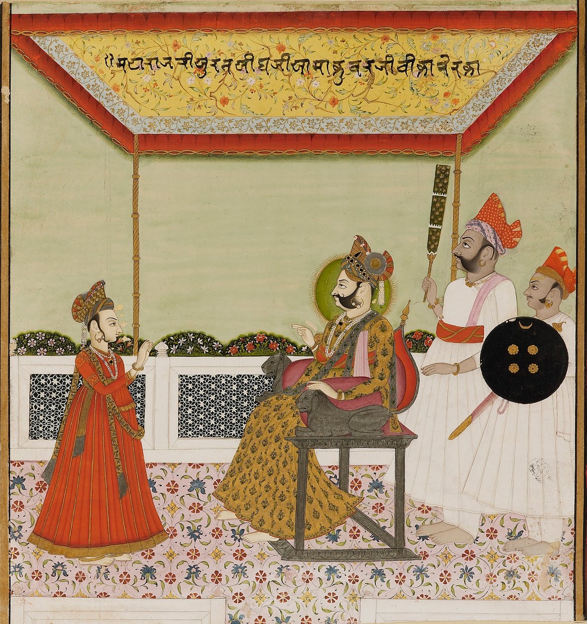 Surat Singh sitter på en lejonbeväpnad tron och tar emot sin unge son, c1800 av Unbekannt