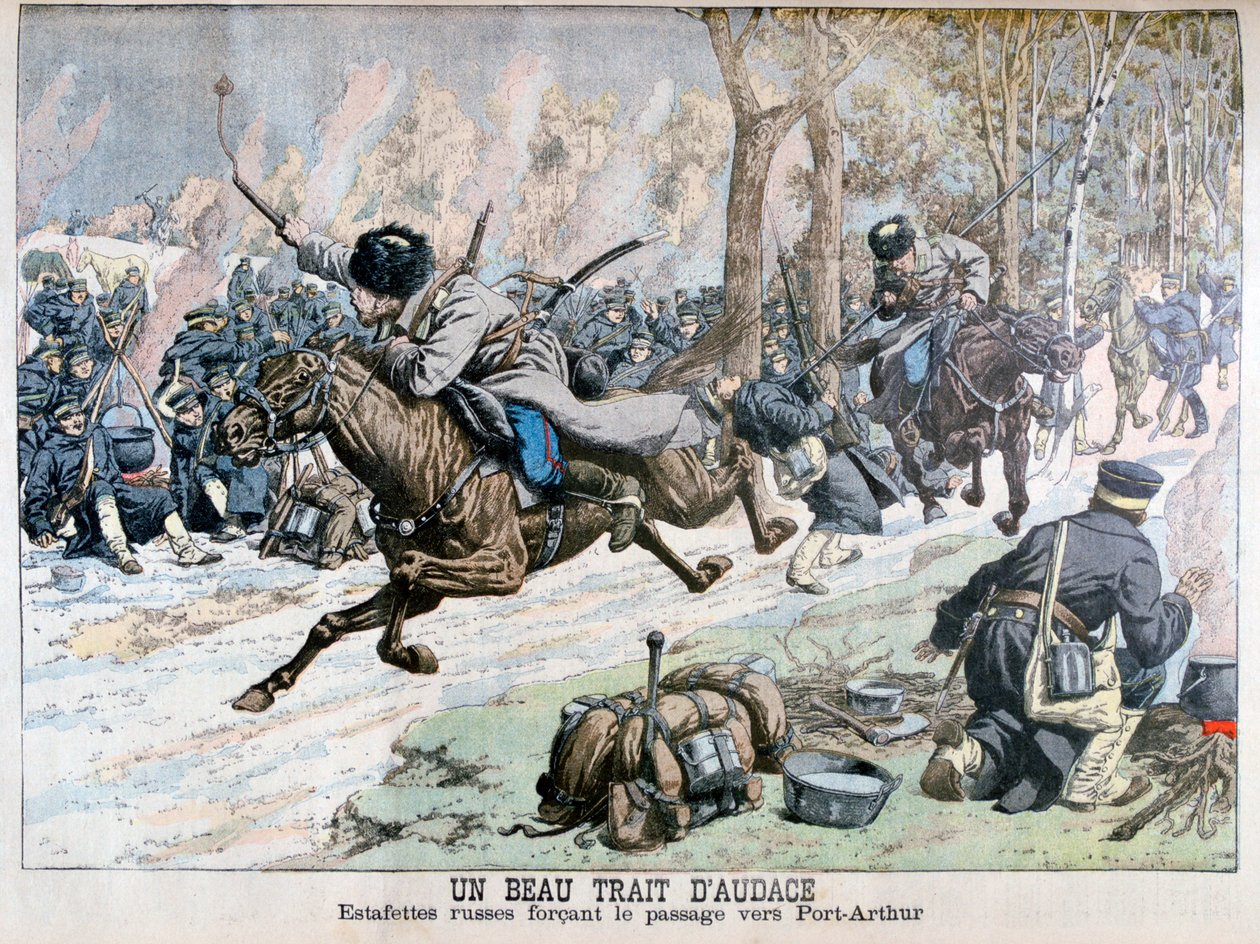 Överraskande attack av ryskt kavalleri på vägen till Port Arthur, rysk-japanska kriget, 1904 av Unbekannt