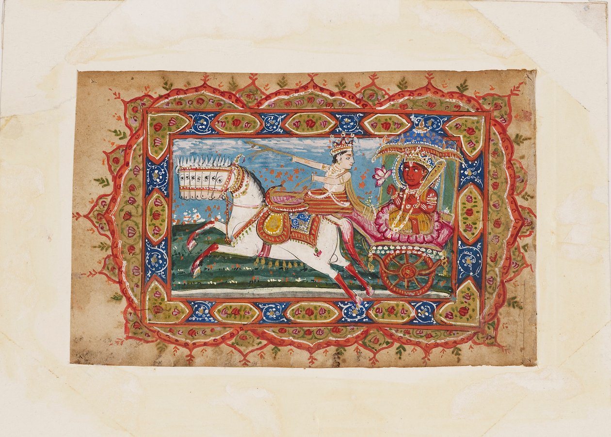 Surya, solguden, i en vagn dragen av sju hästar, tidigt 1800-tal av Unbekannt
