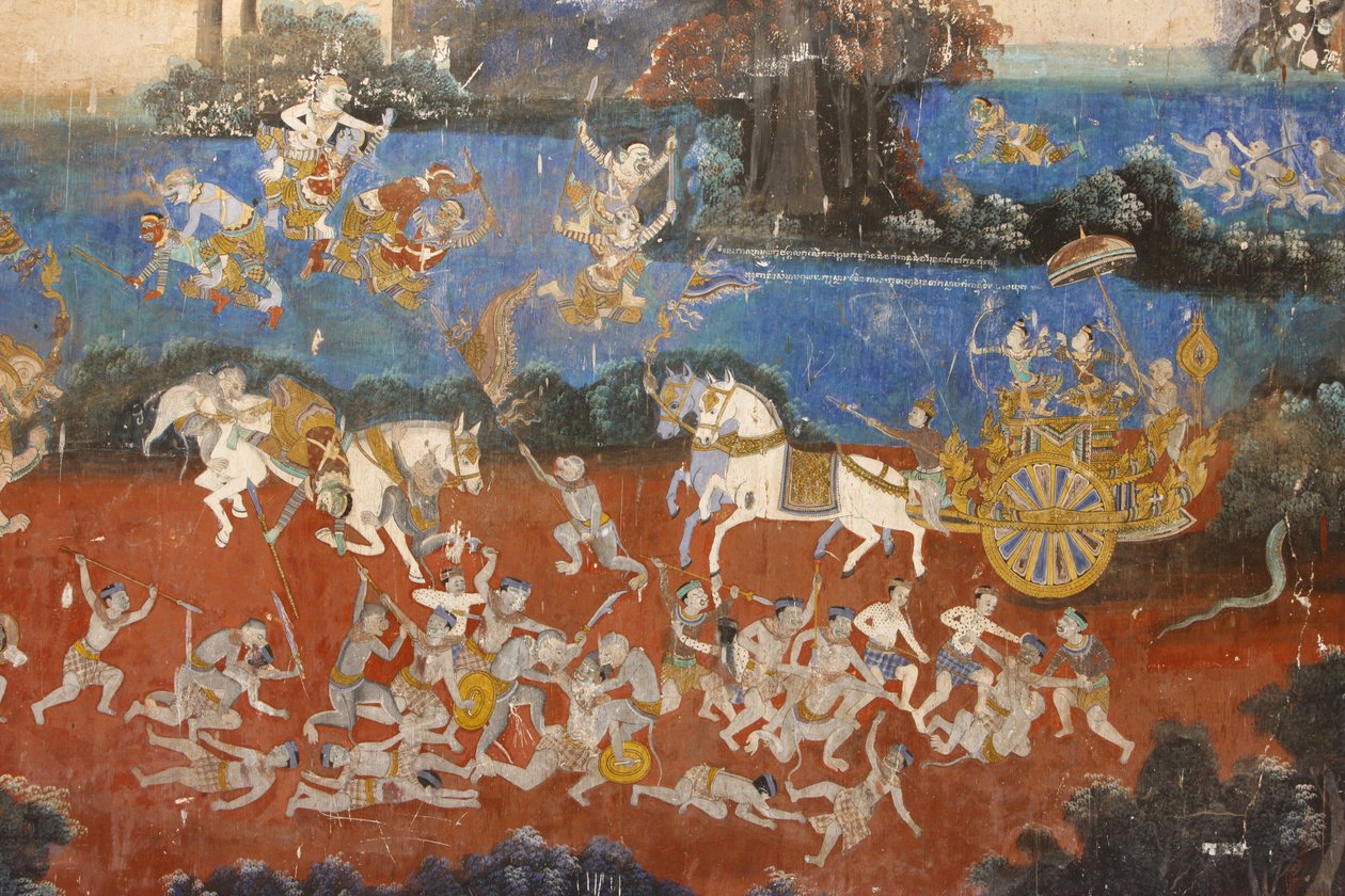 Sylver PagodaDenna väggmålning visar scener från Reamker som är den kambodjanska eller khmeriska versionen av den klassiska hinduiska dikten Ramayana, Phnom Penh, Kambodja av Unbekannt