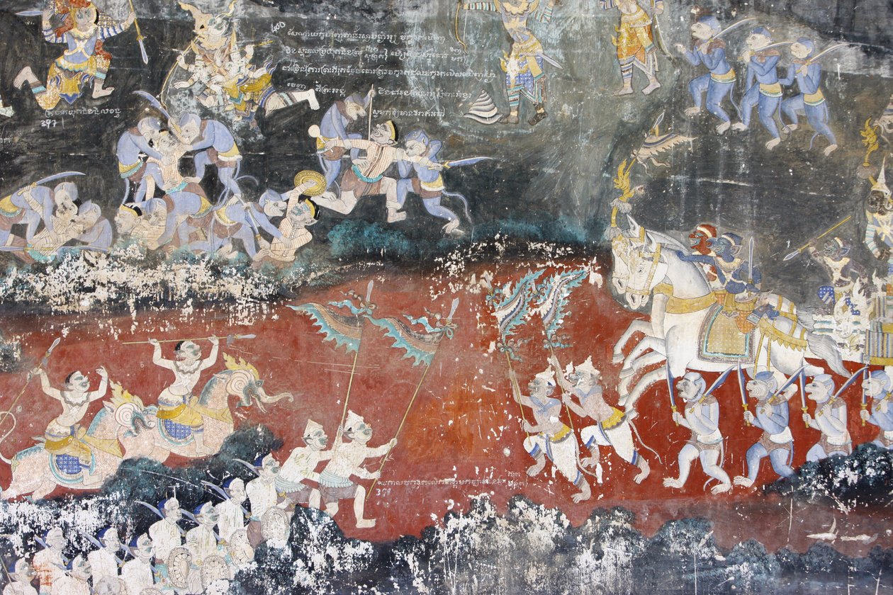 Sylver PagodaDenna väggmålning visar scener från Reamker som är den kambodjanska eller khmeriska versionen av den klassiska hinduiska dikten Ramayana, Phnom Penh, Kambodja av Unbekannt