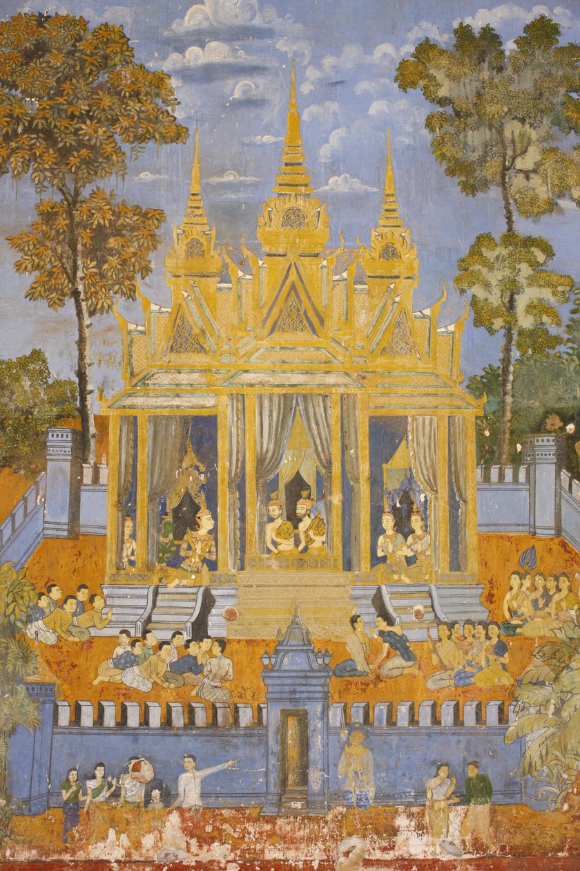 Sylver Pagoda Denna väggmålning visar scener från Reamker som är den kambodjanska eller khmeriska versionen av den klassiska hinduiska dikten Ramayana, Phnom Penh, Kambodja av Unbekannt