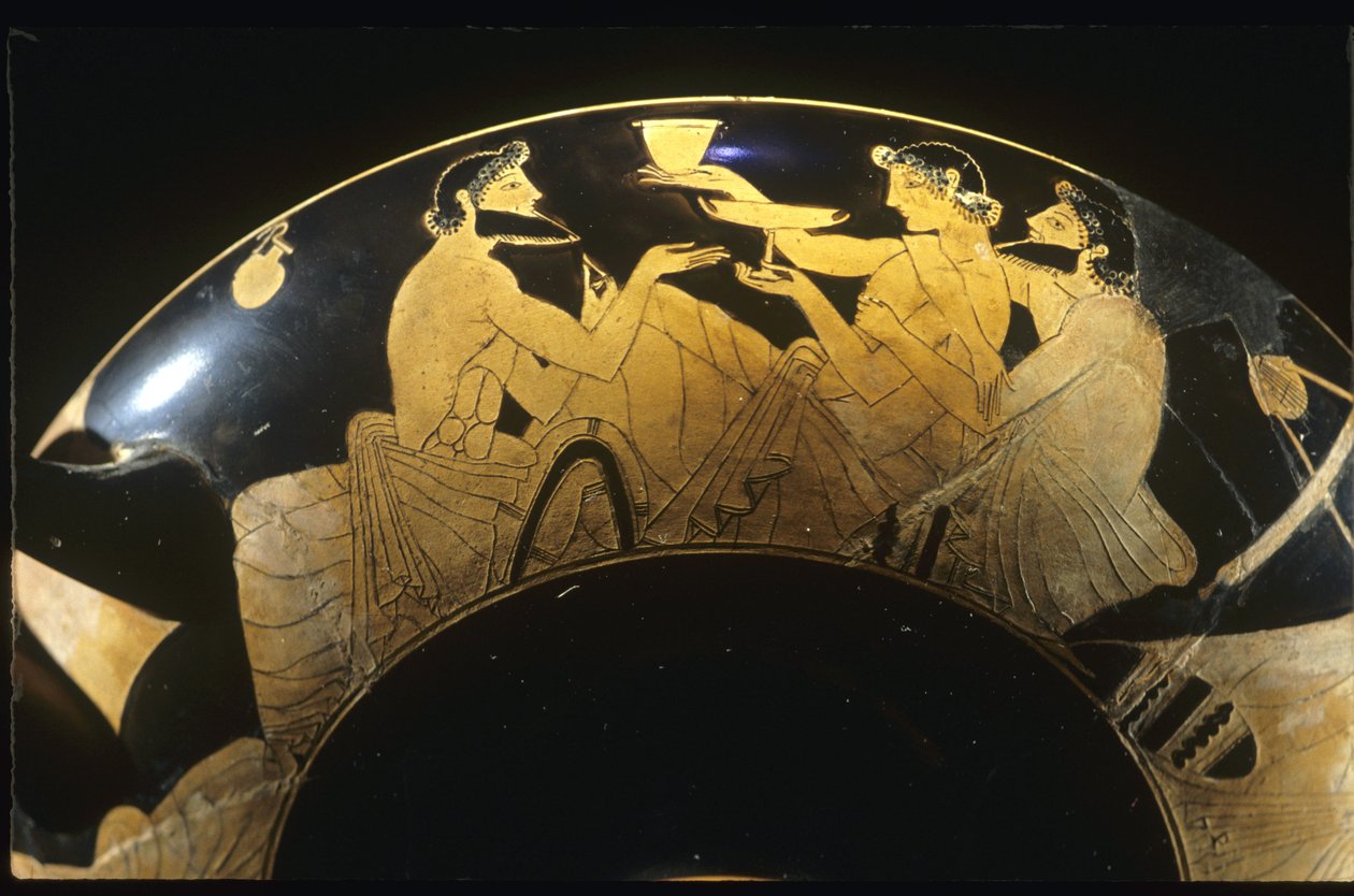 Symposiumscen på röd figur Attic kylix, vinkopp, 500-talet f.Kr. av Unbekannt