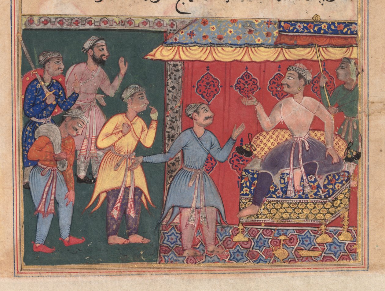 Tales of a Papegoja Tuti-nama: The Twelfth Night: Kung Bhojaraja försöker förgäves fastställa..., ca. 1 av Unbekannt