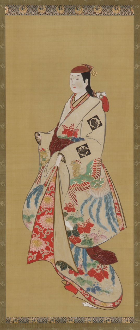 Lång flicka, klänning mönstrad med ho-o fågel och kiri blommor, Edo period, 1615-1868. av Unbekannt