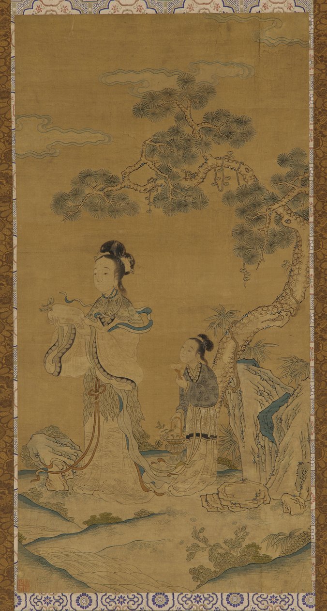 Gobeläng: en daoistisk kvinna odödlig och skötare under en tall, Mingdynastin, 1368-1644. av Unbekannt