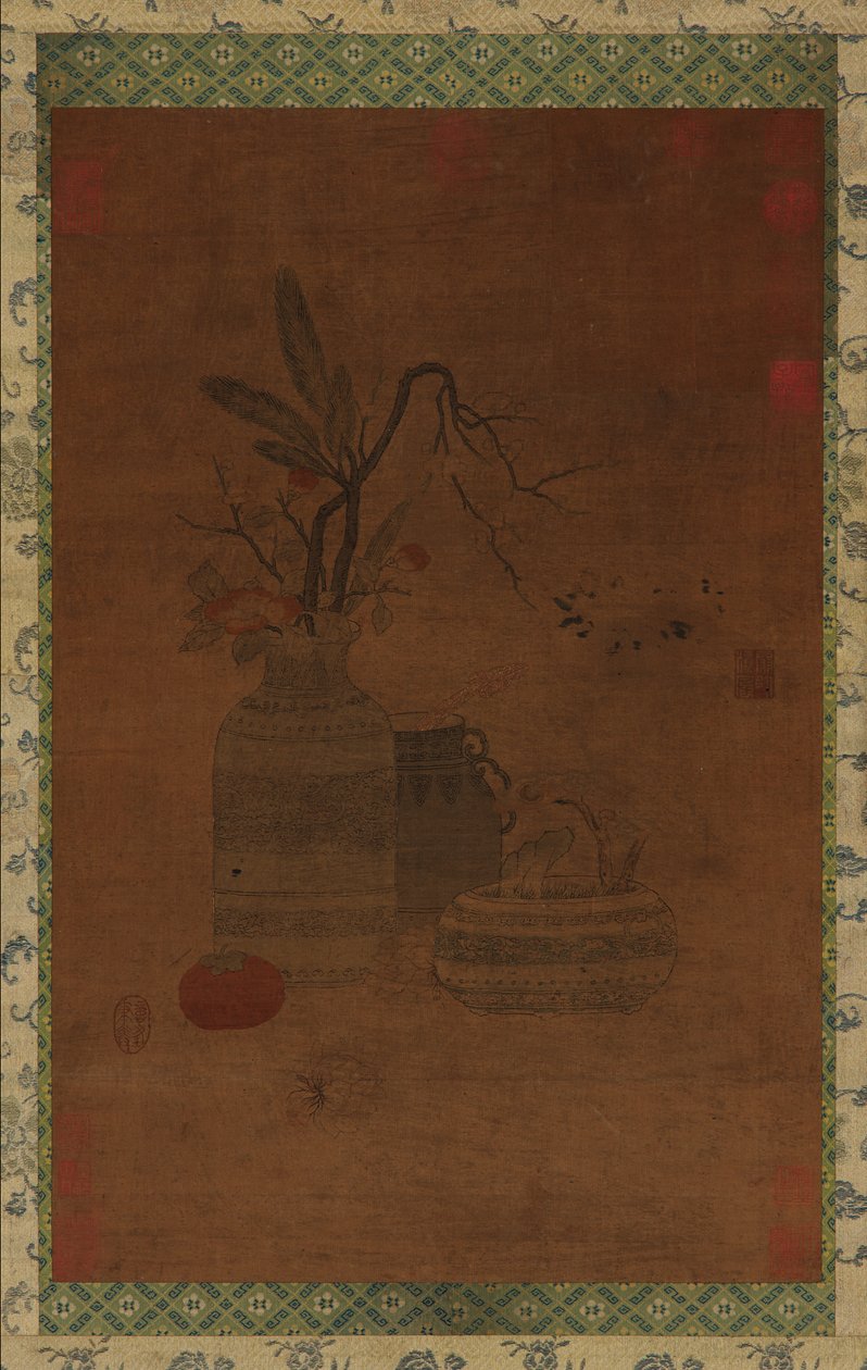 Gobeläng: en skål, två burkar, blommor och frukt, möjligen Mingdynastin, 1368-1644. av Unbekannt