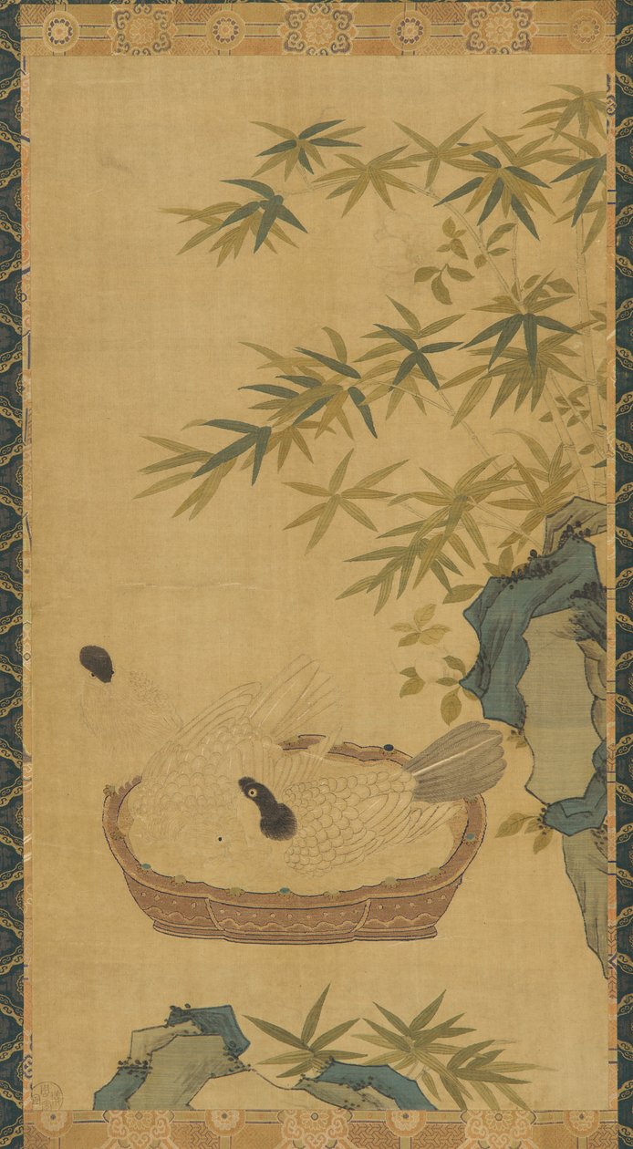 Gobeläng: duvor som badar i en skål, stenar och bambu, möjligen Ming-dynastin, 1368-1644. av Unbekannt