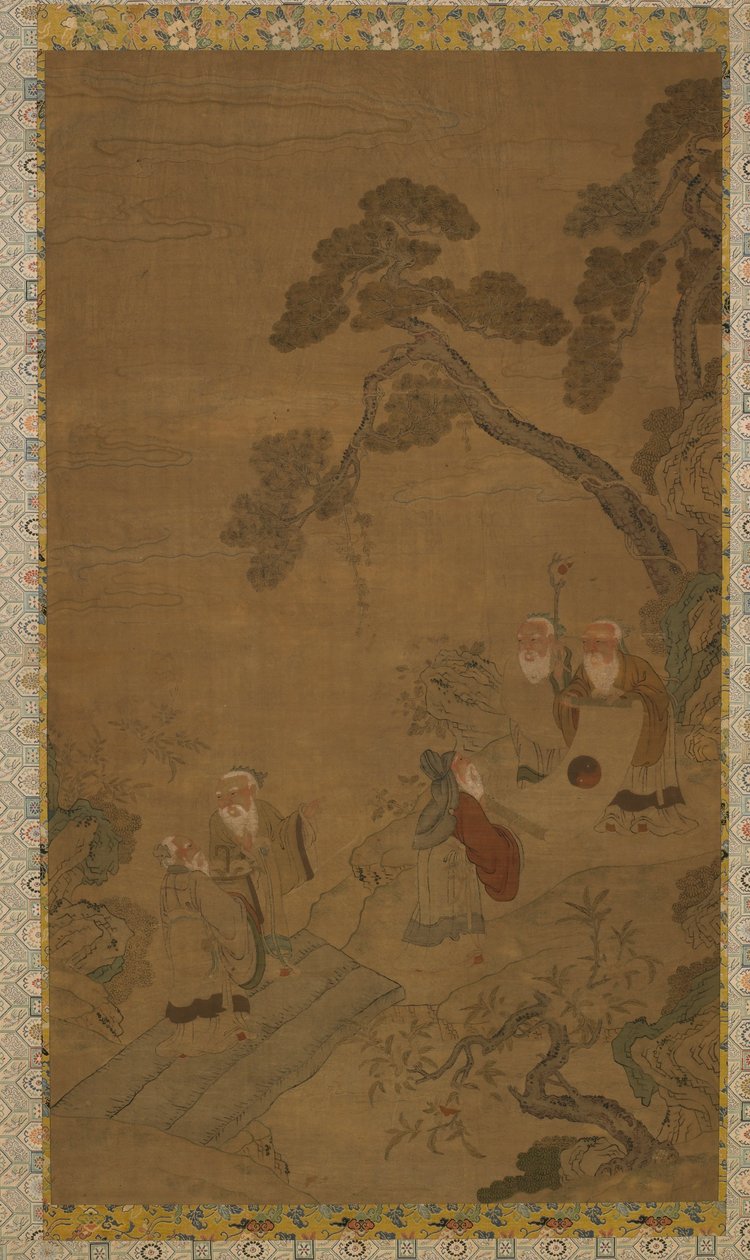 Gobeläng: fem vise i en trädgård under tallar, Mingdynastin till Qingdynastin, 1368-1911. av Unbekannt