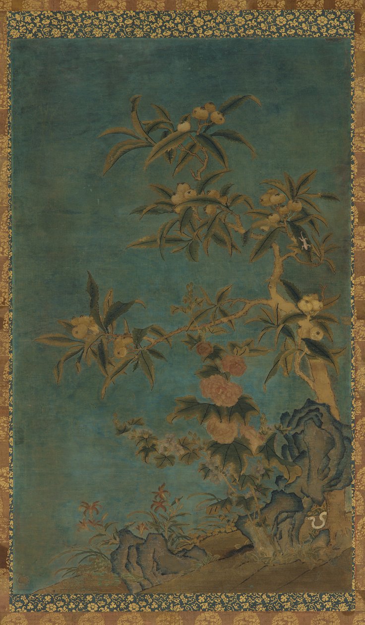 Gobeläng: fruktträd och stockrosor, Mingdynastin, 1368-1644. av Unbekannt