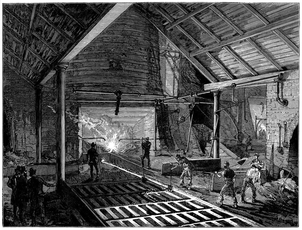 Att knacka på en masugn och köra in smält järn i grisarna, c1885 av Unbekannt