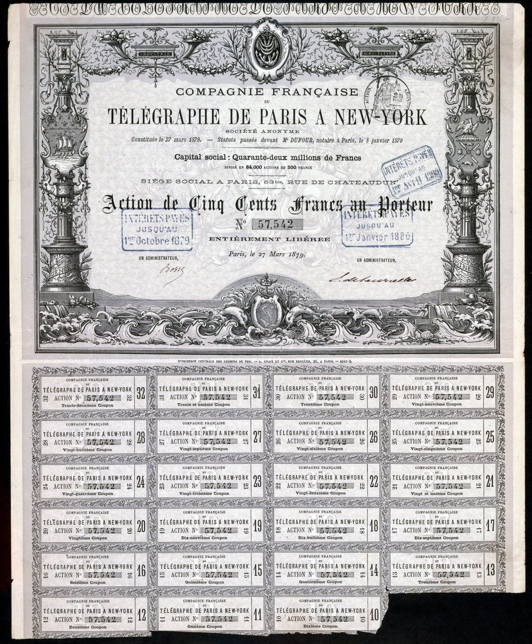 Telegraphy, General Paris-New York Telegraph Share Certificate, 27 mars 1879 av Unbekannt