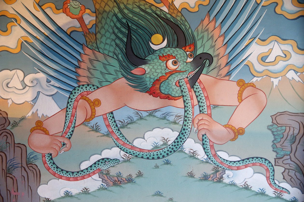 De tusen Buddhas tempel Dashang Kagyu Ling-församlingen Målning Garuda, La Boulaye, Frankrike av Unbekannt