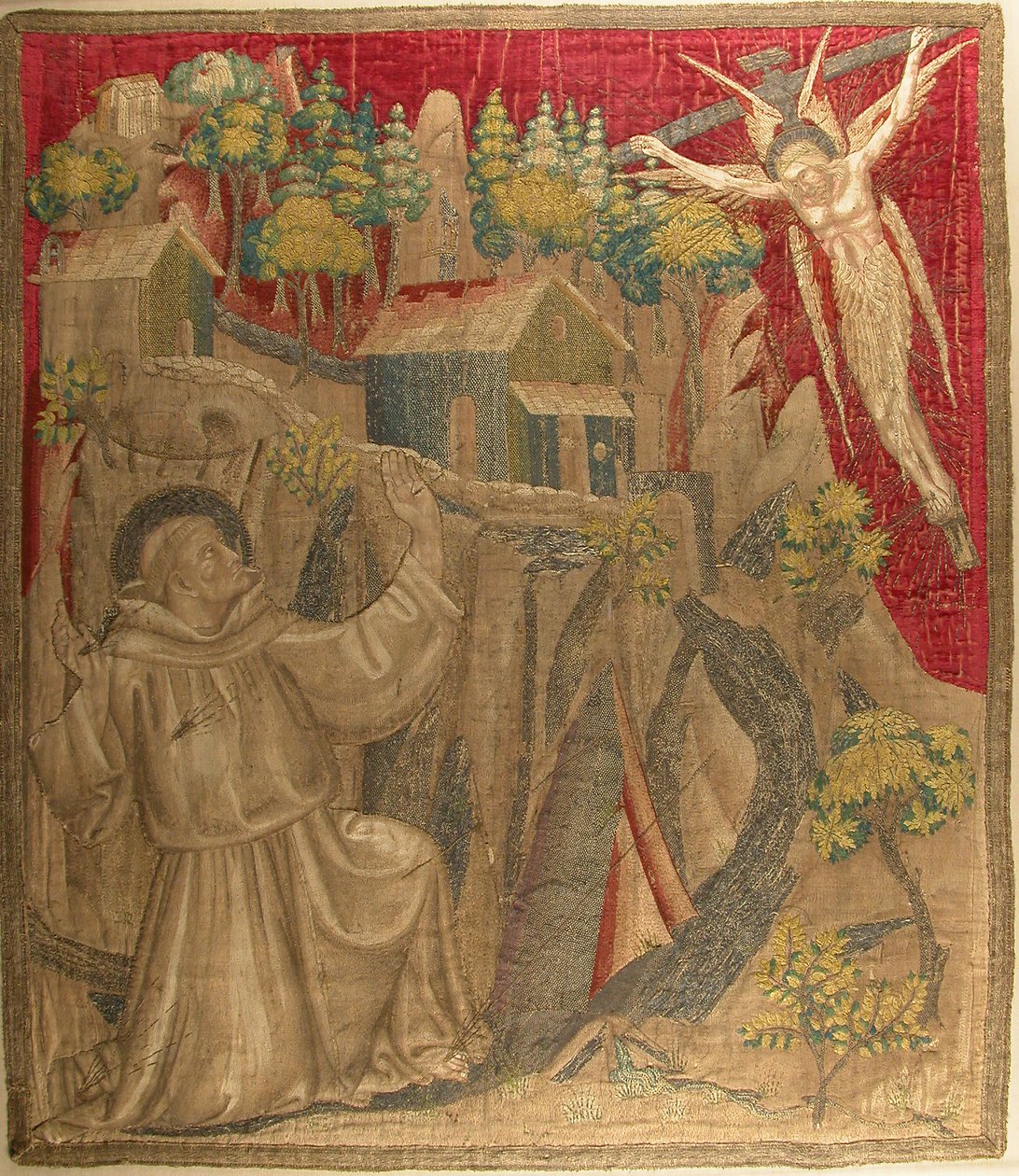 Textil med Saint Francis som tar emot Stigmata, italiensk, sent 1300-tal. av Unbekannt