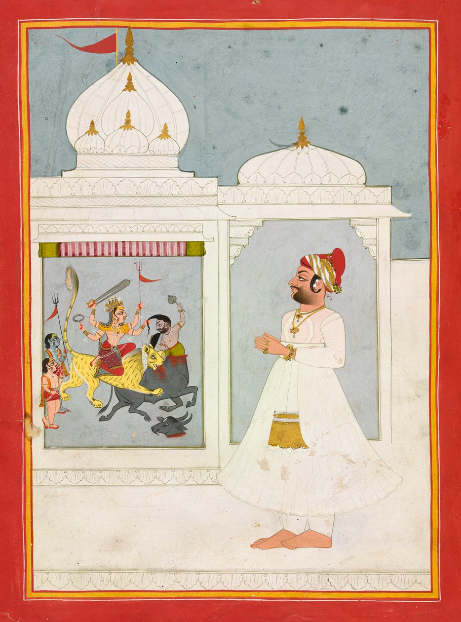 Thakur Ajit Singh dyrkar gudinnan, daterad 1817. av Unbekannt