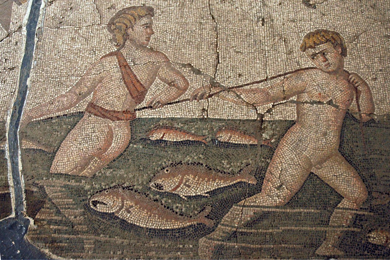 Thalasse and the Nude Fishermen mosaik från Vakto, detalj, Turkiet, av Unbekannt