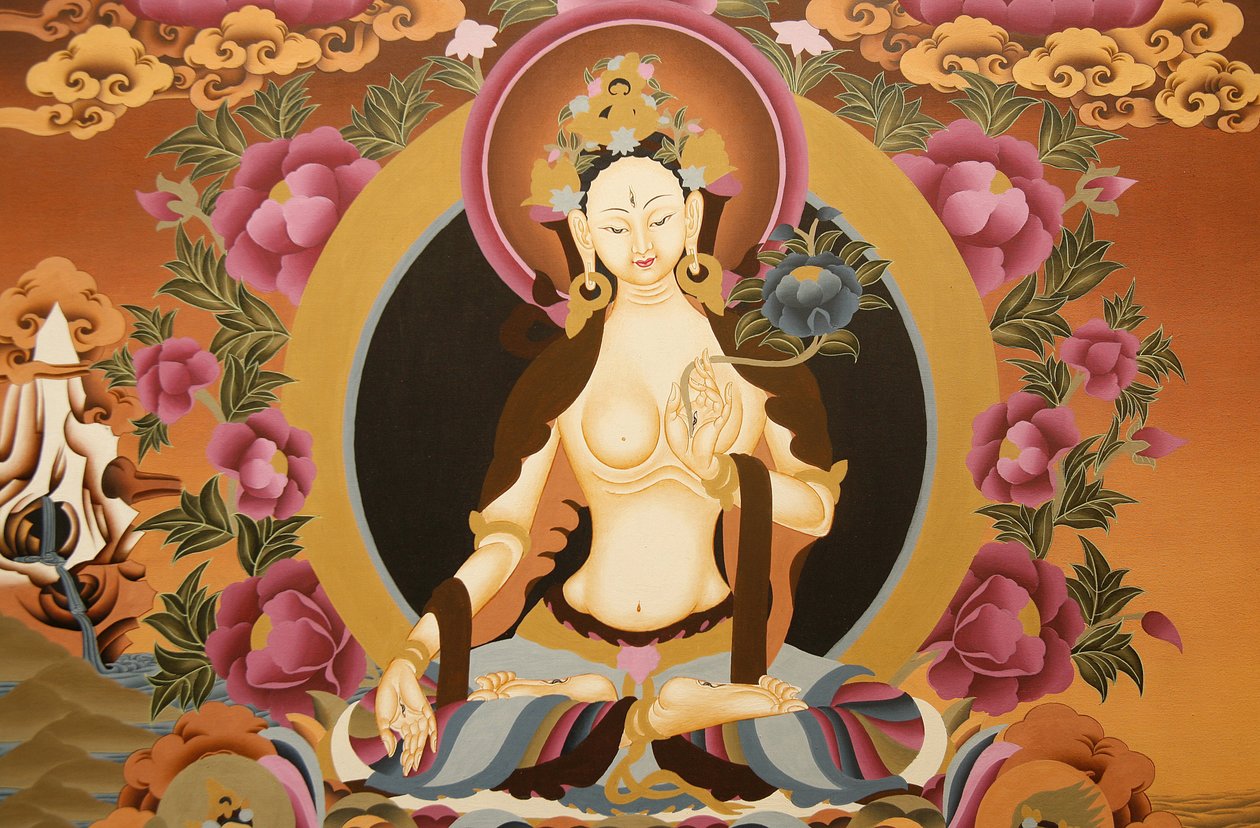 Thangka föreställande White Tara gudinna, buddhistisk symbol för långt liv, Bhaktapur, Nepal av Unbekannt