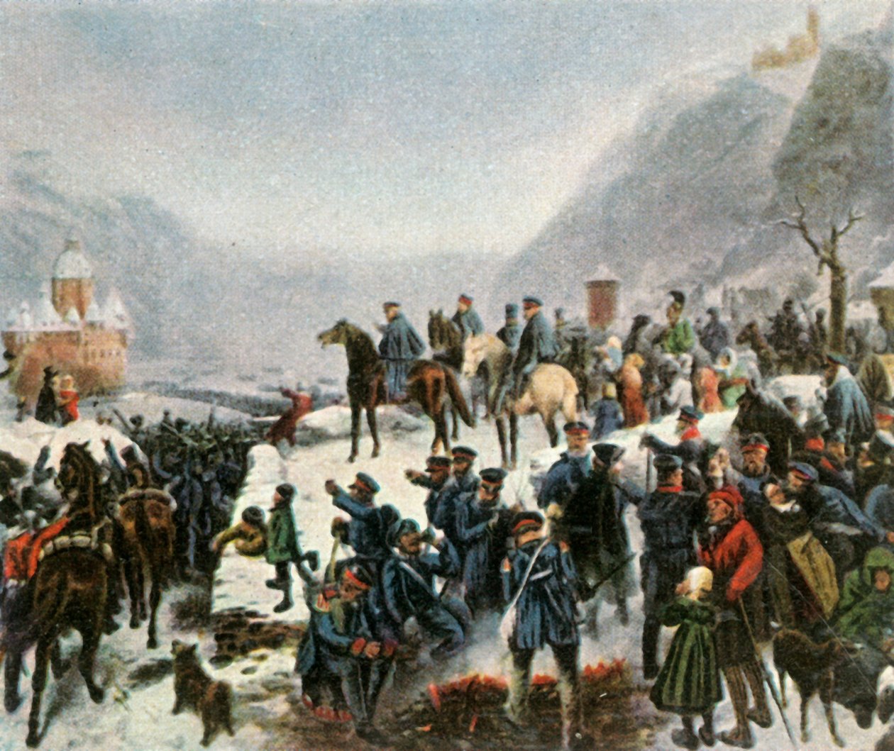 Den första schlesiska armén korsar floden Rhen nära Kaub, 1 januari 1814, 1936. av Unbekannt