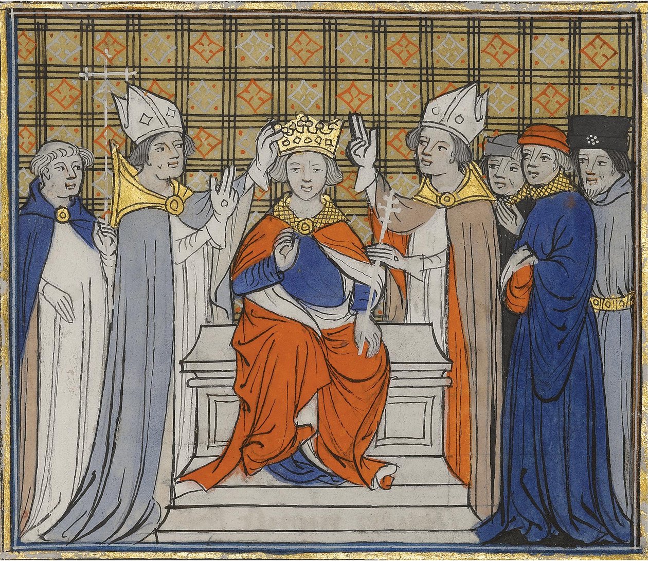 Ludvig IV:s smörjelse och kröning i Laon, 19 juni 936. Från Grandes Chroniques de France, 15 av Unbekannt