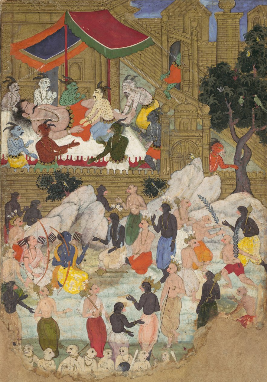 The Awakening of Kumbhakarna in the Golden City of Lanka, Folio from a Ramayana, ca. 1605. av Unbekannt