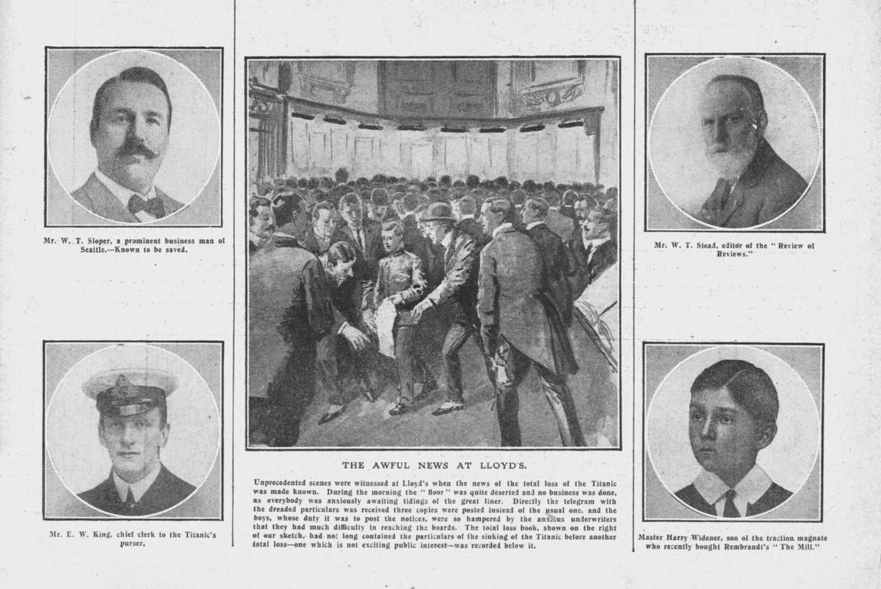 The Awful News at Lloyds, med porträtt av några av dem ombord på Titanic, 20 april 1912. av Unbekannt