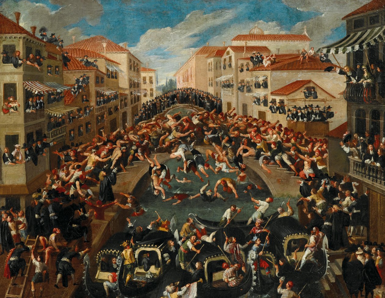 Battaglia dei Pugni på bron över San Barnaba, Venedig, 1700-tal. av Unbekannt