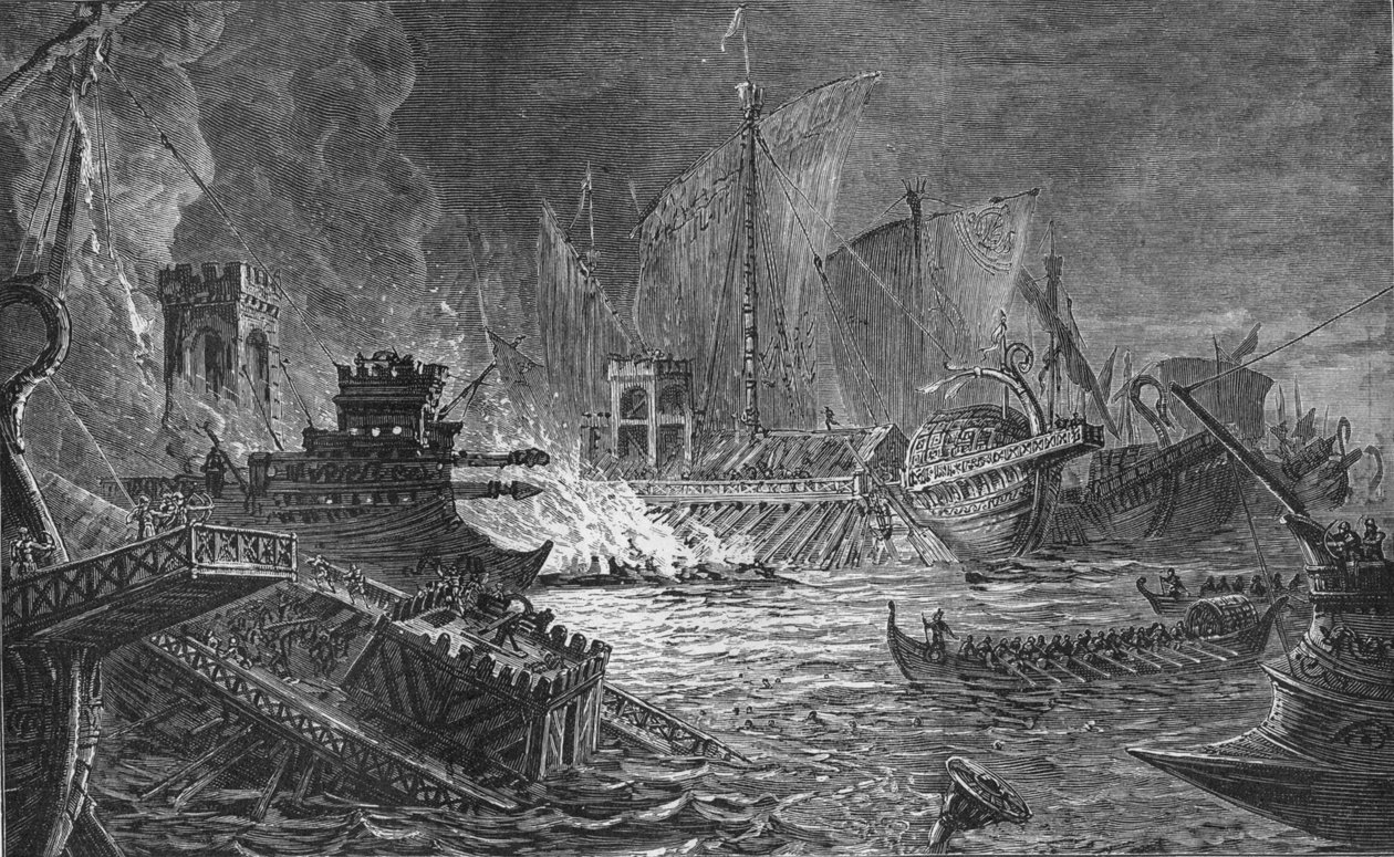 Slaget vid Actium, där Augustus besegrade Antonius och Kleopatra, 31 f.Kr. 1908 av Unbekannt