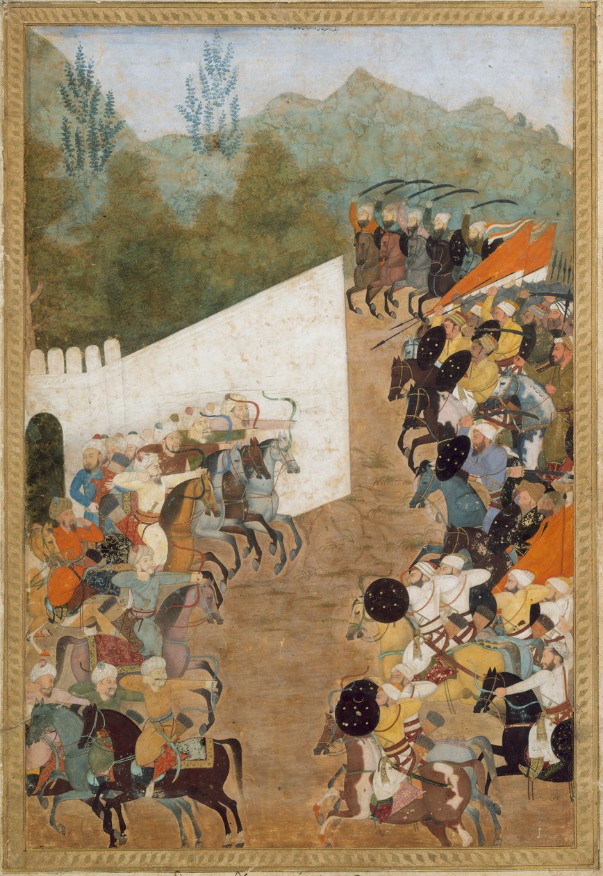 Slaget vid Shahbarghan, Folio från en Padshahnama Chronicle of the Emperor, 1600-talet. av Unbekannt