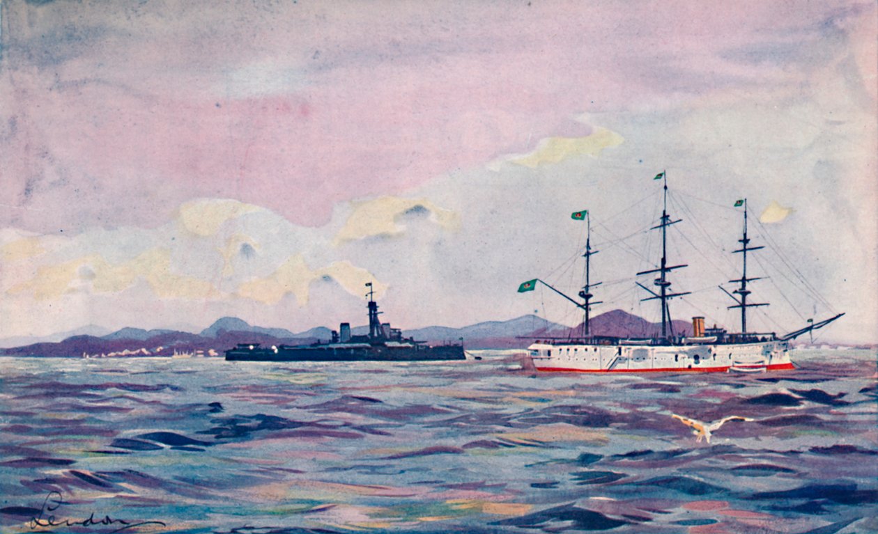 Benjamin Constant Training Cruiser och dreadnoughten Minas Geraes i Rios hamn, 1914 av Unbekannt