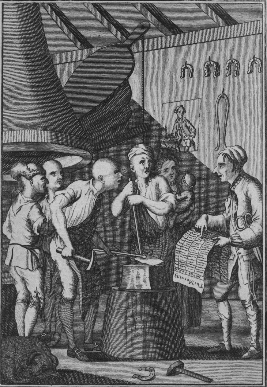 Smeden låter sitt järn kallna när han tittar på Taylors News, 1772 av Unbekannt