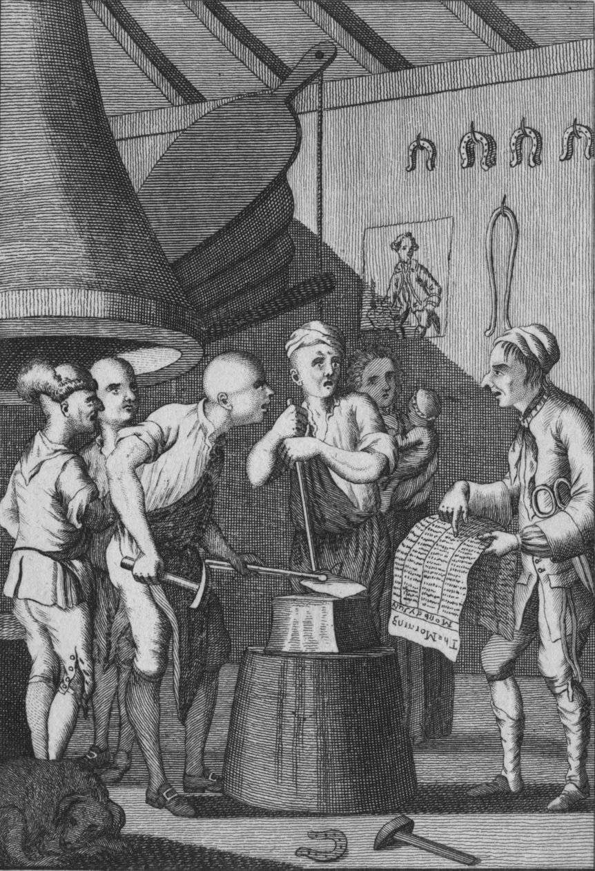 Smeden låter sitt järn kallna när han tittar på Taylors News, 1772 av Unbekannt