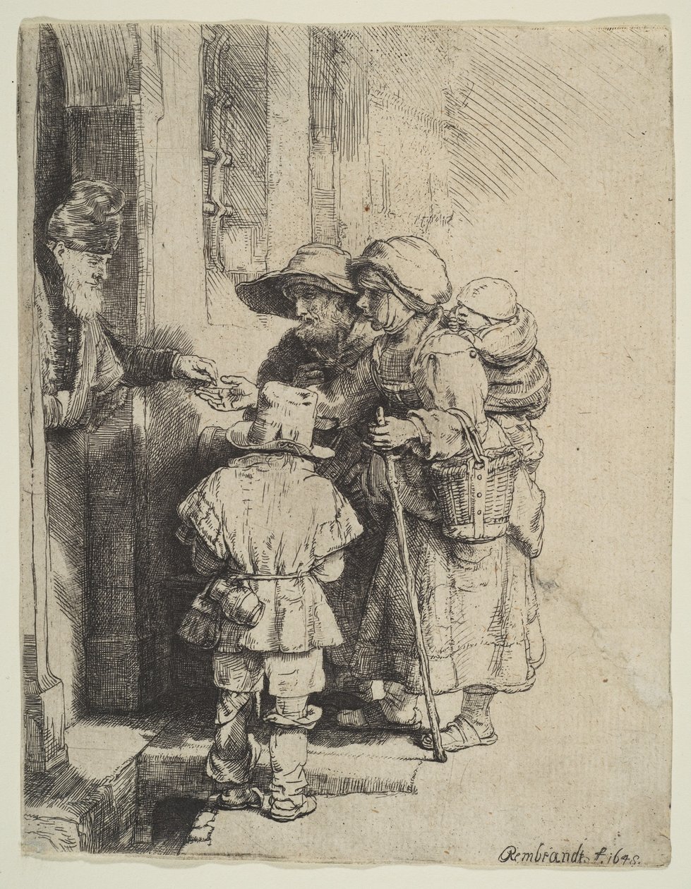 Den blinde Hurdy-Gurdy-spelaren och familjen tar emot allmosor, 1648. av Unbekannt