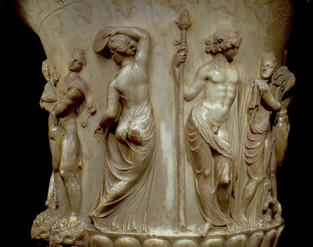 Borghese-kratern eller vasen, detalj av relief föreställande Dionysos och hans menader, grekiska, nyvindiga, sent 2:a århundradet f.Kr. (marmor) av Unbekannt