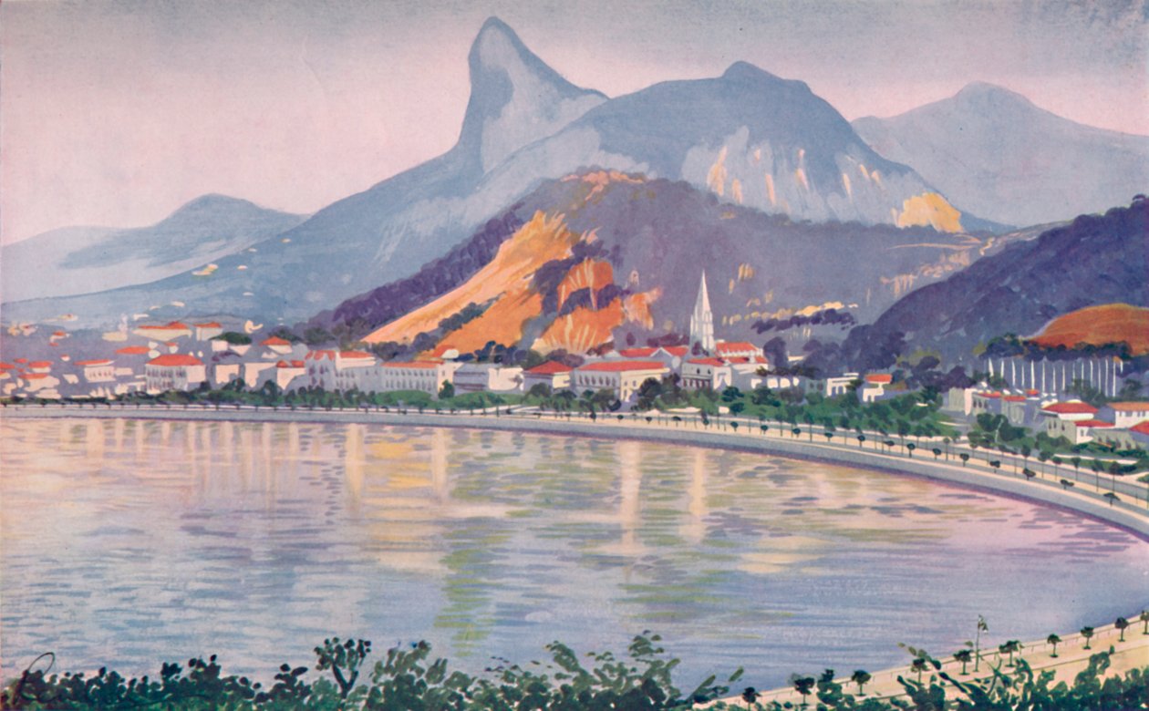 Botafogo-delen av Rios Bay-side Avenue, förbisedd av Corcovado Mountain, 1914 av Unbekannt