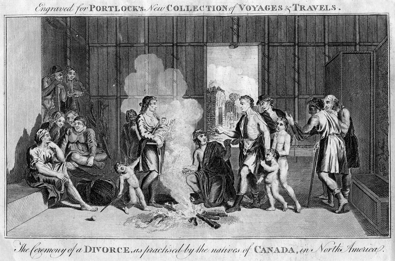 Ceremonin för en skilsmässa, som praktiseras av Kanadas infödda, i Nordamerika, c1760 av Unbekannt