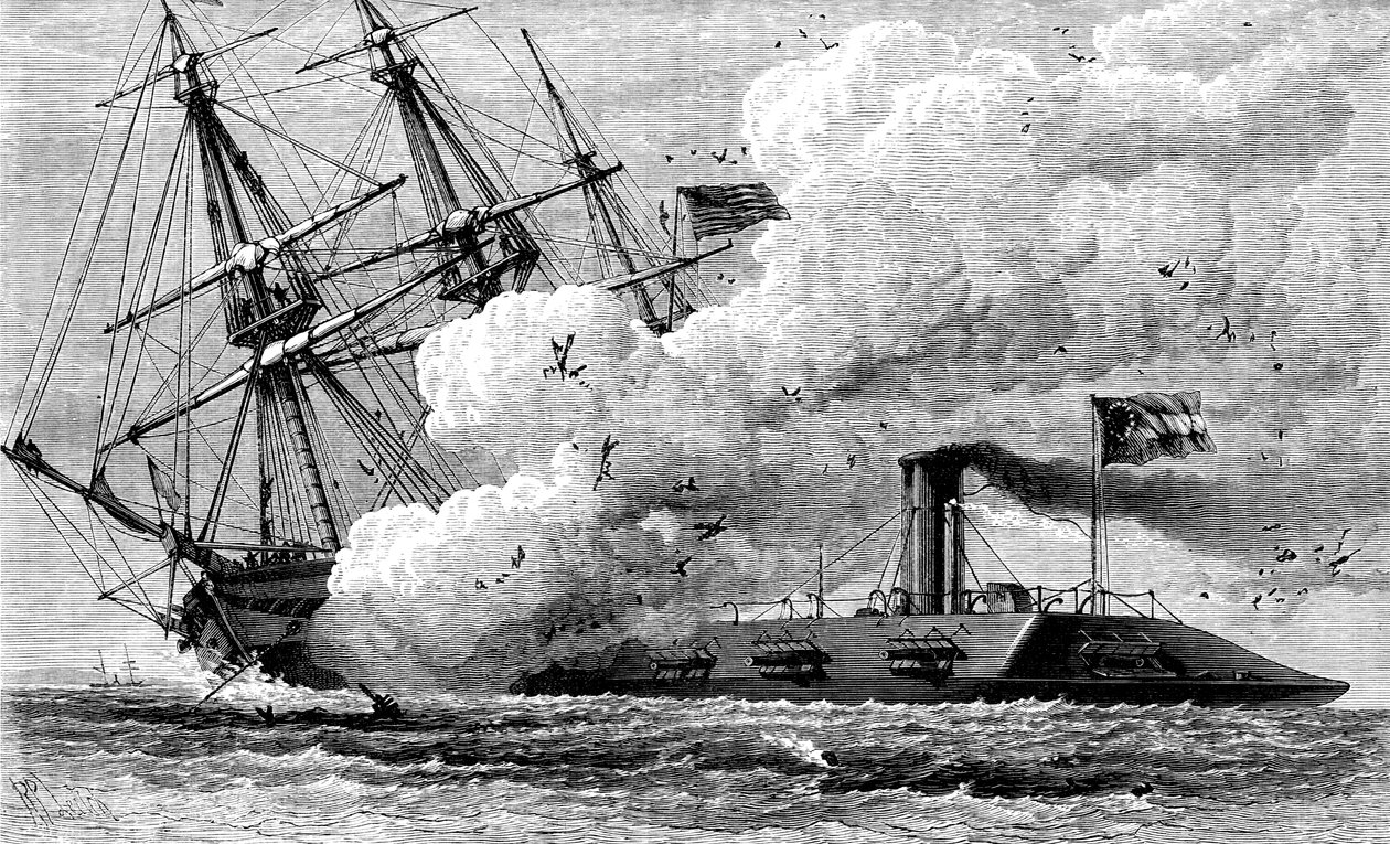 Den konfedererade järnklädda Merrimac sänker USS Cumberland, 1862 c1880 av Unbekannt