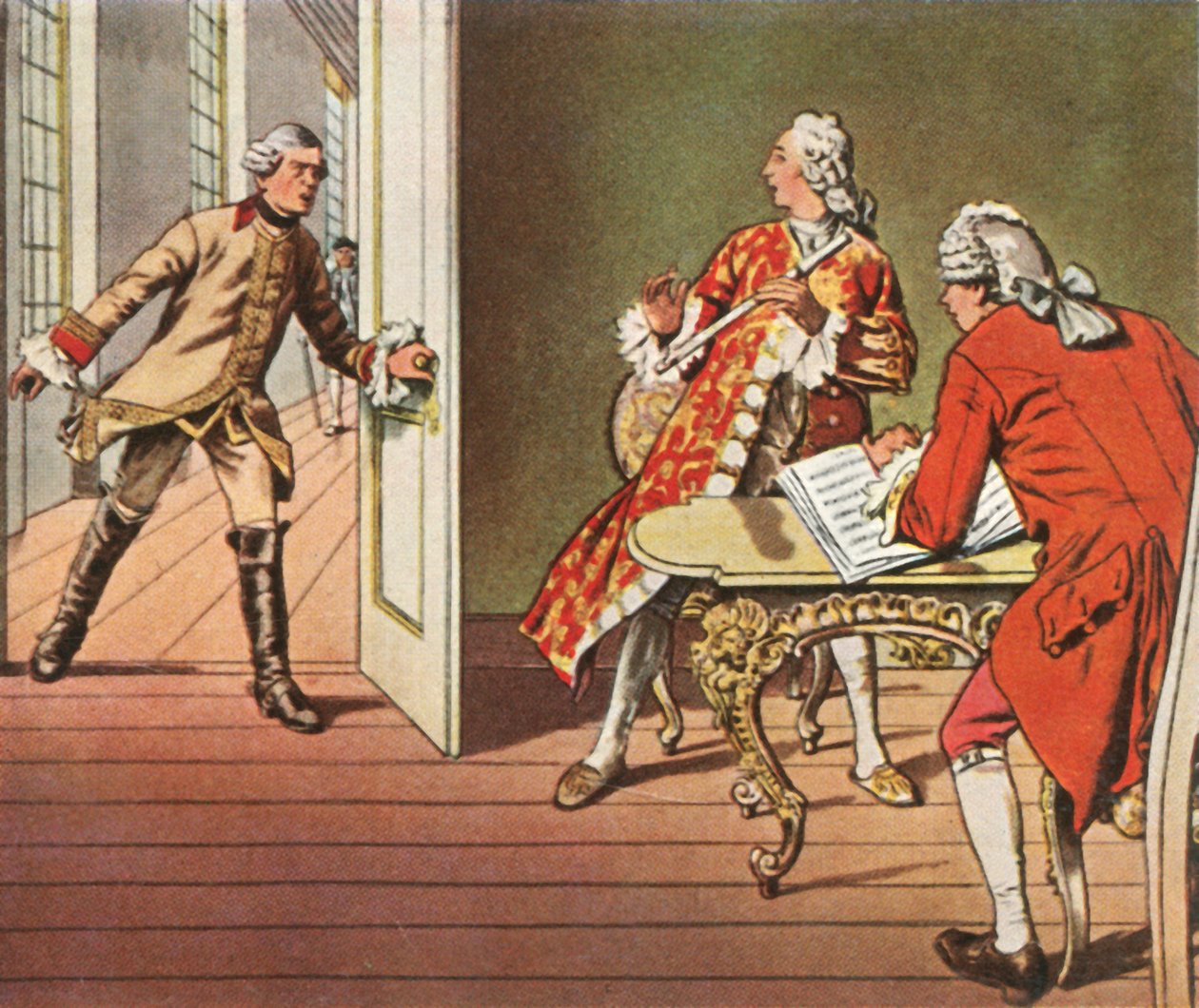 Kronprinsen och hans musiklärare avbryts under en flöjtlektion, 1729, 1936. av Unbekannt