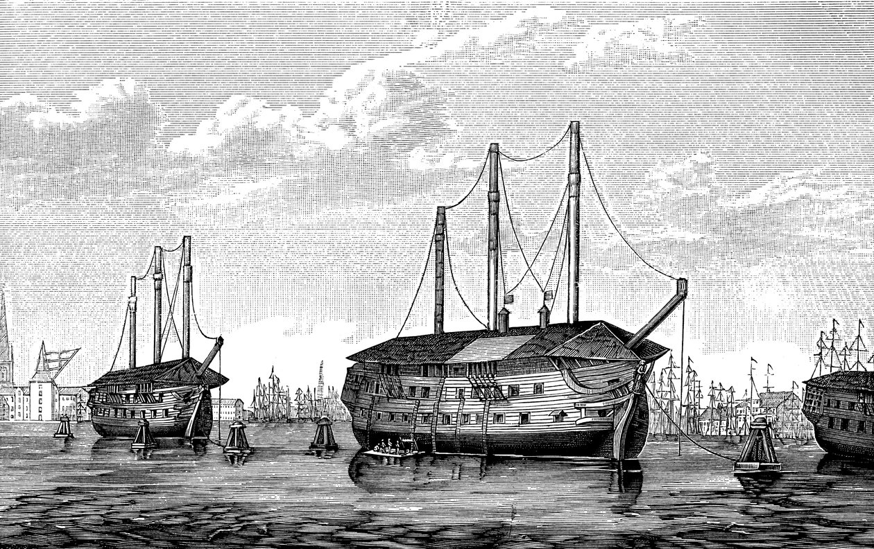 De danska fängelseskeppen Dronning Maria och Waldemar i Köpenhamn, 1848-1849 av Unbekannt