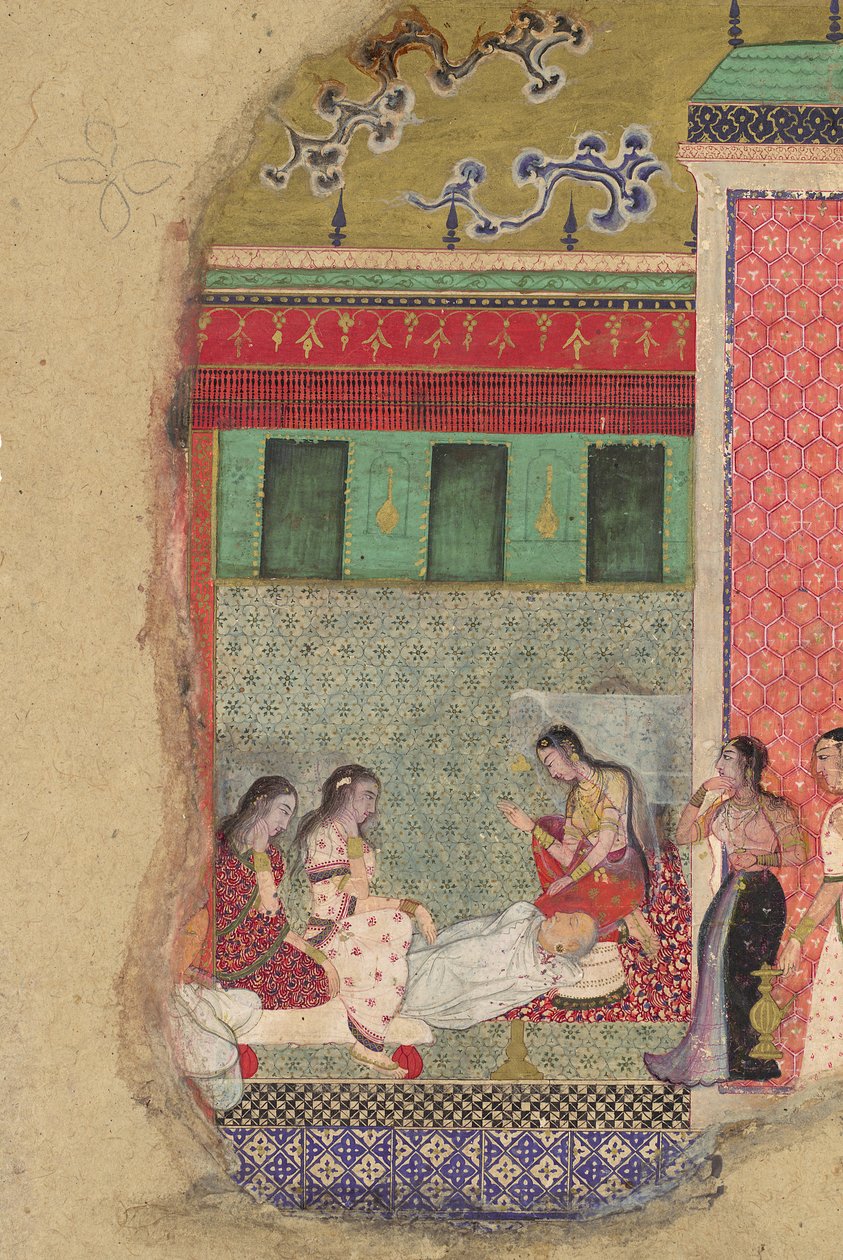 Kung Dasharathas död, Ramas fader, Folio från en Ramayana, ca. 1605. av Unbekannt